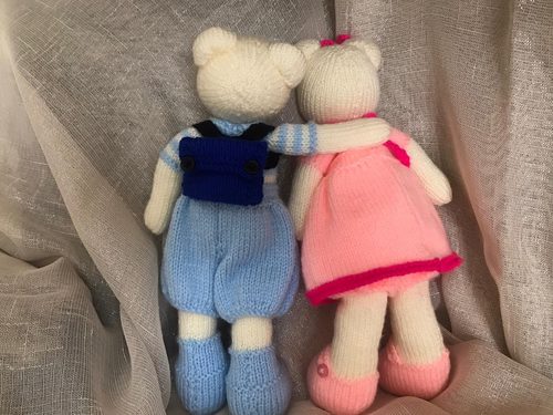 Brenda, Ted and Ginger dancing partners rear view, knitting and crocheting.